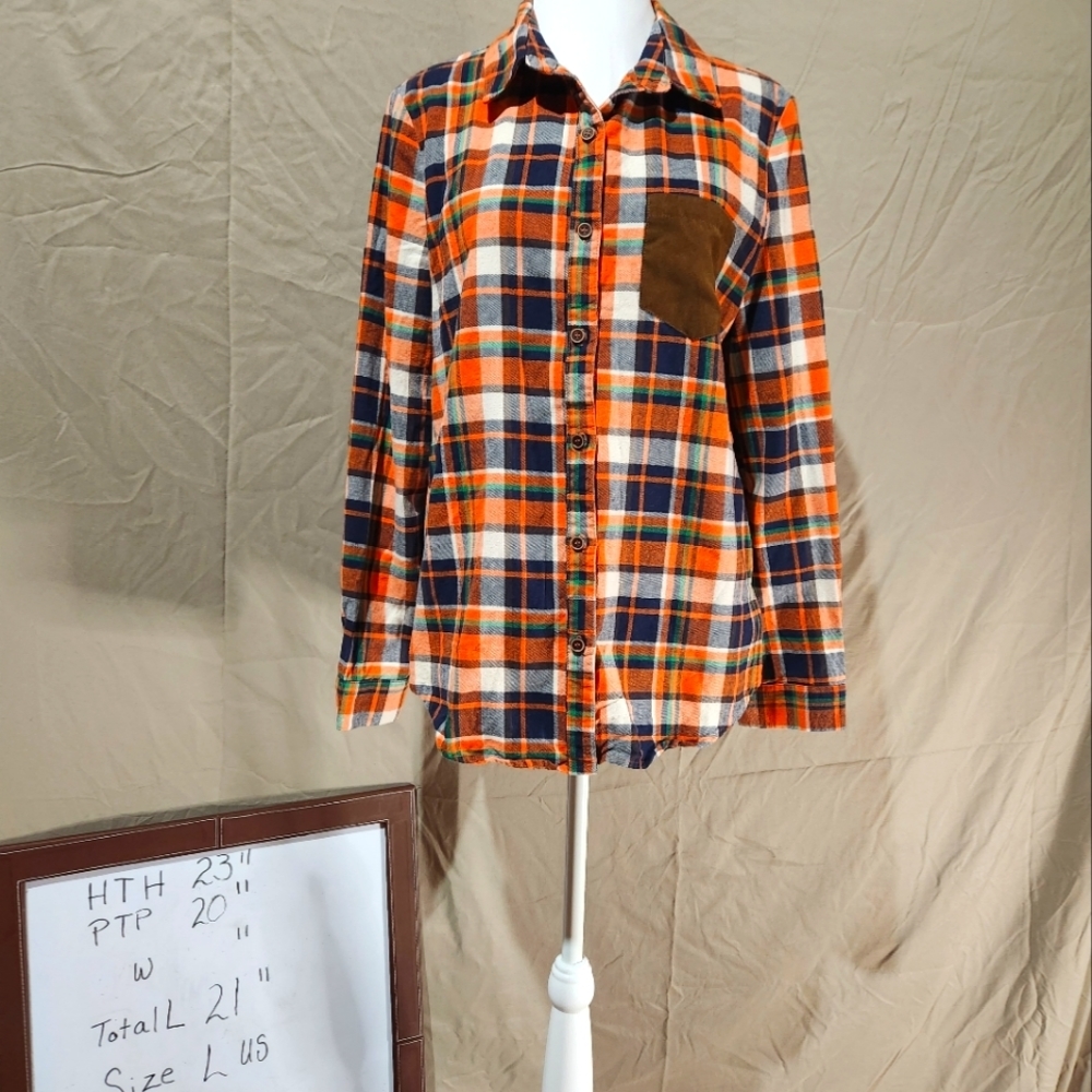 Ya L orange/blue plaid flannel shirt brown velvet elbow patch and pocket details